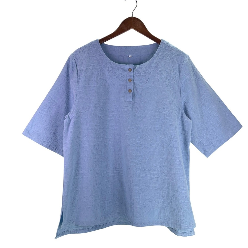 Women's Boxy Henley‎ Top L Light Blue Linen Cotton Textured Lagenlook Minimalist